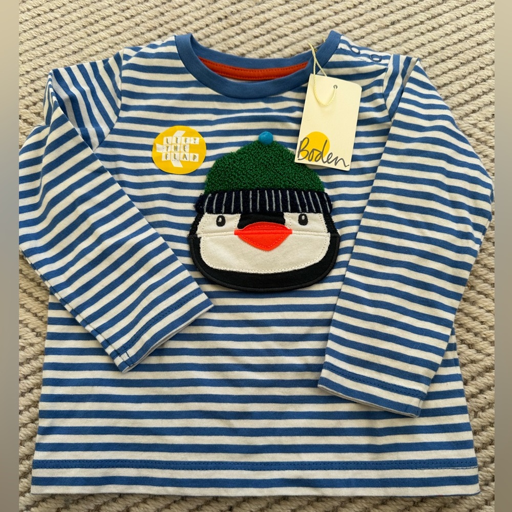 BNWT Baby Boden Striped Lift the Flap Penguin Shirt Size 6-12 months